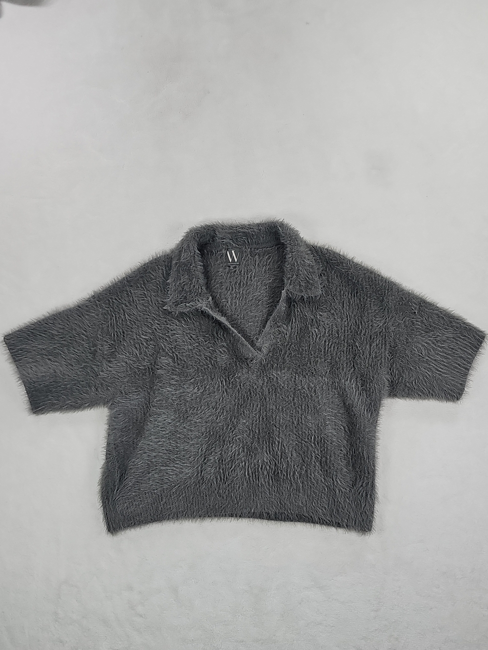 Worthington Womens Gray Eyelash Knit Short Sleeve Polo Sweater V-Neck Top Large
